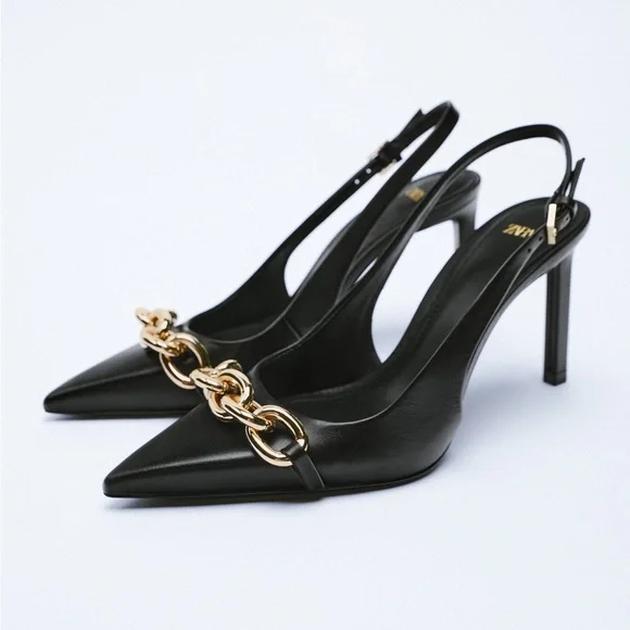 【ZARA】LEATHER SLINGBACK SHOES WITH FRINGING LEATHER SLINGBACK SHOE WITH EYELETS 50TH ANNIVERSARY - Black